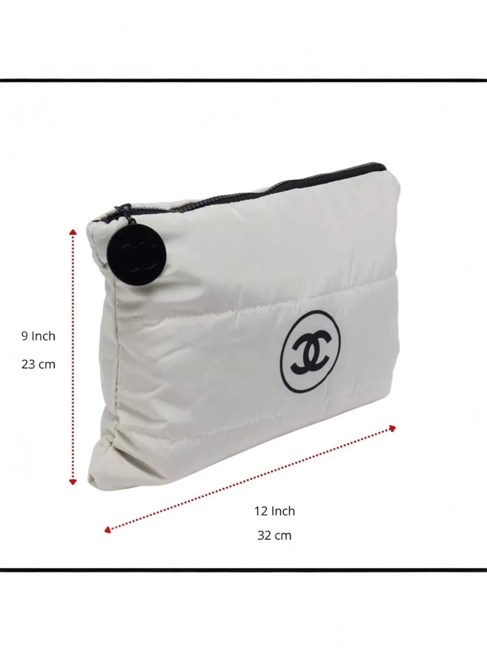 CHANEL White Quilted Cosmetic Pouch with Black Logo